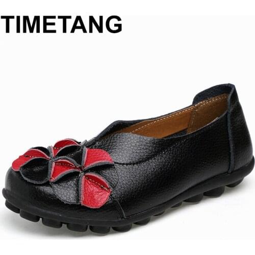 TIMETANG New Women Real Leather Flowers Shoes Mother Loafers Soft Leisure Flats Female Driving Casual Footwear Solid Boat C278
