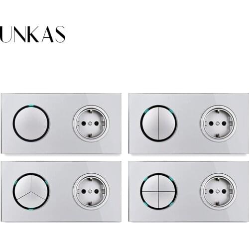 UNKAS Grey 1 2 3 4 Gang 1 / 2 Way Random Click On / Off Pass Through EU Light Switch LED Indicator Gray Crystal Glass Panel