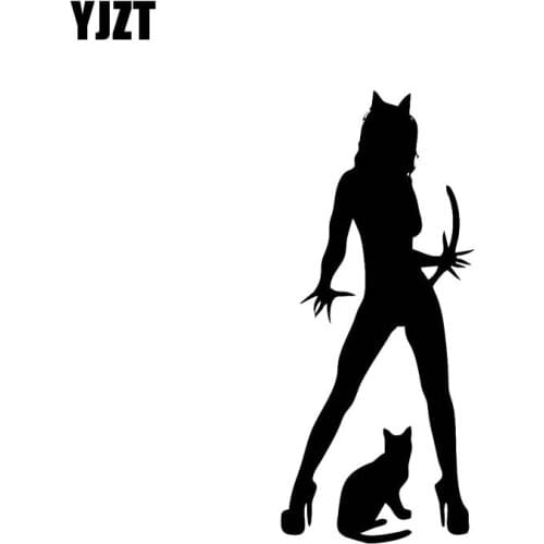 YJZT 6.5*15.1CM Car Sticker Firece Cats Girl Black/Silver Covering The Body Fashion Popular Style Vinyl Decals C20-0382