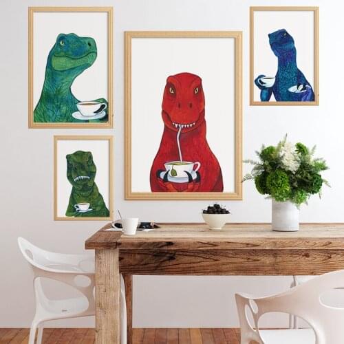 Funny Dinosaur Drinking Coffee Prints and Posters Wall Art Canvas Painting Humorous Animal Pictures Nursery Kids Room Decoration