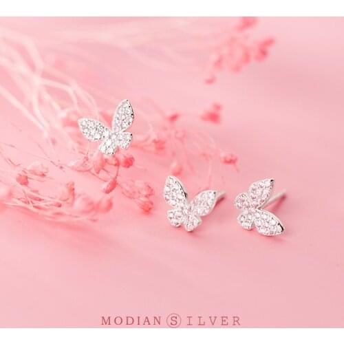 MODIAN Real 925 Sterling Silver Pink Crystals Cute Butterfly Stud Earring for Women Anti-Allergy Ear Pin Fine Jewelry Kids Gift