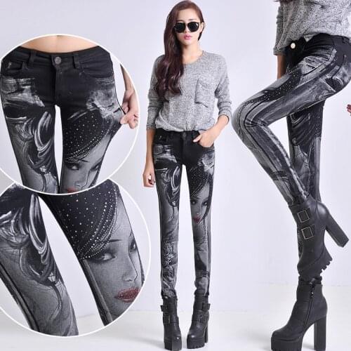 High Street Women Street Denim Jeans Womens Fashion Cool Beauty Head Pattern Print Mid Waist Womans Jeans Pencil Jean Pants Lady