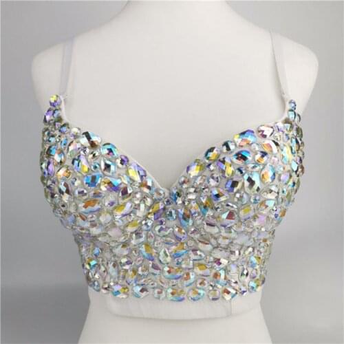 Women AB Colored Rhinestone Bustier Crop Top Spaghetti Strap Push Up Corset Vest M3GF