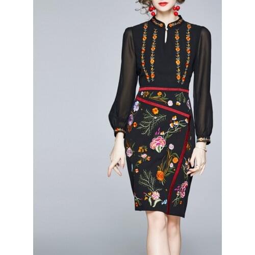 2021 Women Elegant Casual Office Look Workwear Party Dress Solid High End Vintage Floral Embroidered Dress