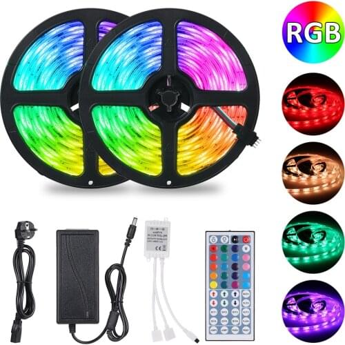 2x5m 300leds RGB Strip Lights Kit with 44 Keys IR Remote Controller Dimmable Color Rope Lights IP65 for Home Kitchen Christmas