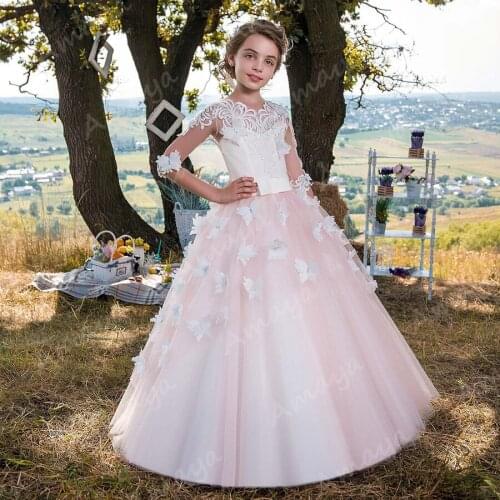 Amaya Pink Half Sleeves Flower Girl Dresses for Weddings Butterfly Lace Appliques Holy Communion Gowns Kids Prom Dress Vestidos