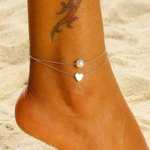For Women Simple Heart Female Anklets Summer Beach Barefoot Sandals Foot Jewelry Fashion Pearl Layered Leg Chain Ankle Braclets