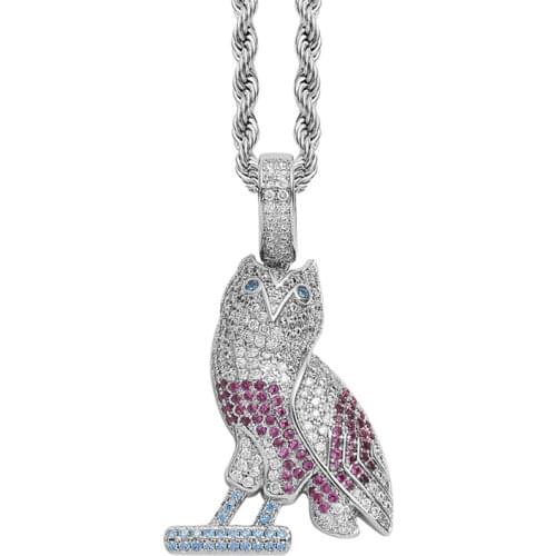 New Iced Out Owl Pendant Designer Necklace Micro Pave Bling Cubic Zirconia Animal Hip Hop Rapper Jewelry For Men Women Gift