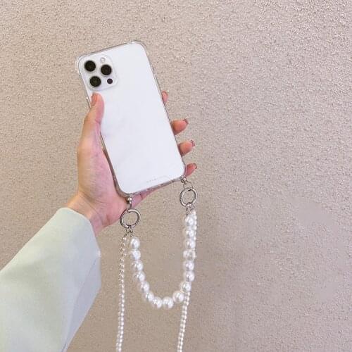 Crossbody Lanyard Necklace Pearl Bracelets chain Phone case for iphone 12 Pro Max MiNi 11 Pro XR X XS 7 8 plus Clear Cover