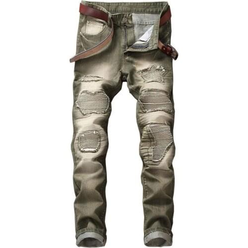 2019 New Brand Biker Jeans Men High Stretch Cargo Denim Jeans Solid Designer Pleated Slim Jean Mens Scratched Pants Trousers