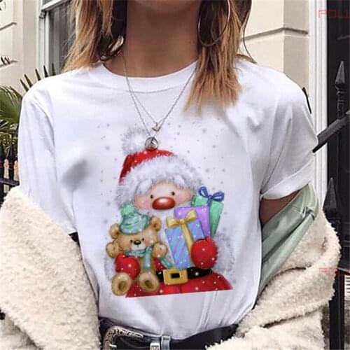 FIXSYS Women Merry Christmas Santa Claus Printed T-shirts New Fashion Harajuku Short Sleeve T-shirt Suitable All Seasons Clothes