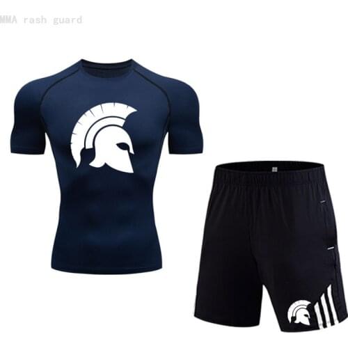 Summer Mens Running Wear Short sleeve T-shirt + Jogging Shorts 2 piece Tracksuit Men Compression sportswear Training Workout