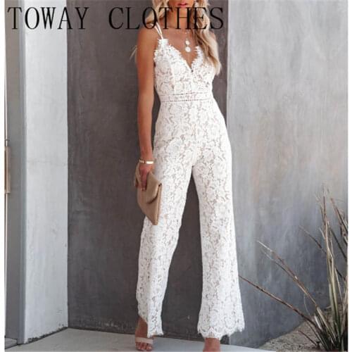 Summer Women Plain V-Neck Solid Sleeveless Wide Leg Lace Jumpsuit Casual Chic One Piece