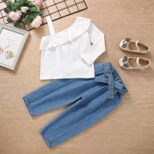 Girls Fashion Clothes Set 2 Pieces Suit Solid Ruffle Long Sleeve One Shoulder Tops+Denim Pants Kids Sets Girls Clothes 1-6Y