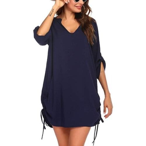 New Womens Skirt V-neck Drawstring Short Skirt Swim Overalls Beach Shirt Bikini Polo Collar 2021 Fashion Casual Ladies Dress