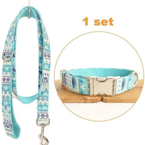 Dog Leash Collar Set Leash Adjustable Outdoor Print Style Pet Collar Leash Fabric Dog Leash Webbing Collar Sapphire FOLK BLUE
