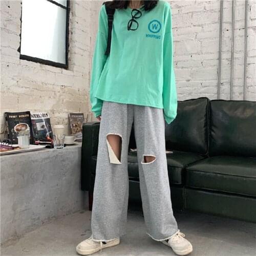 Korean style ripped casual pants womens simple and versatile high-waist wide-leg pants drape straight and thin trousers women