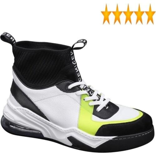 Leather Color Personality Patchwork Mixed Mens Outdoor Lace Up Thick Bottom Increase Stretch High Top Casual Shoes