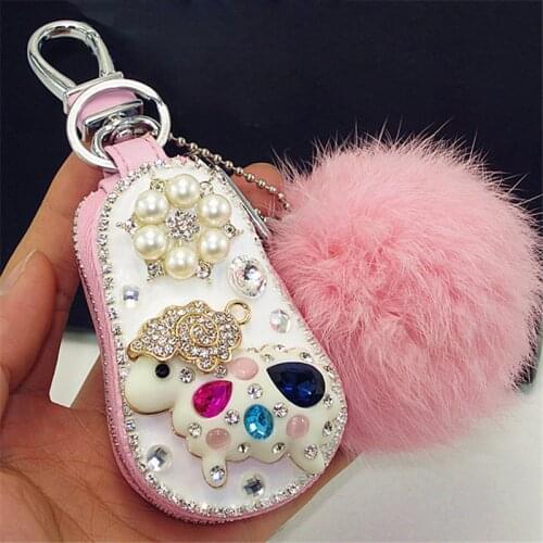 Cute sheep Diamonds car Key bag Wallets Shining Keychain With Fluff ball Genuine Leather Key Bag Keys Organizer Covers Zipper