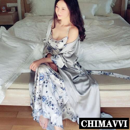 High-end Women Sexy Silk Satin Nightgown Luxury Sleepwear Female Nightwear Robe Set Flower Print Home Wear Pajamas Long Robes