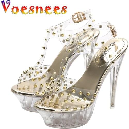 Voesnees Ladies Sandals Clear High Heel 14 cm Rivet Transparent Crystal Stiletto Platform 2021 Summer Cool Women Shoes Party