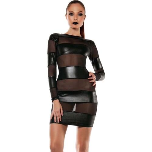 Wonder beauty Women Banded Bodycon woman sexy fashion black faux leather vestido dress Kleid Mesh robe W850511