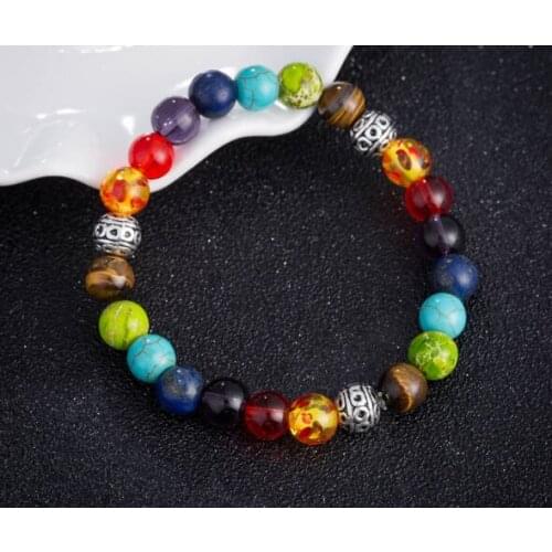 8mm Punk multicolor Agate beads Chakra Reiki Buddha Yoga Bracelet elastic adjustable Volcanic Stone Bangles tg43