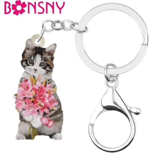 Bonsny Acrylic Valentines Day Flower Short Hair Cat Key Chain Rings Bag Car Purse Decoration Keychains For Women Girl Teen Gift