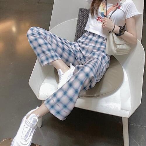 Summer Loose Women Hit Color Plaid Wide Leg Pants Female Casual High Street Fashion Slim Pant Ladies New Designed Trousers ML137