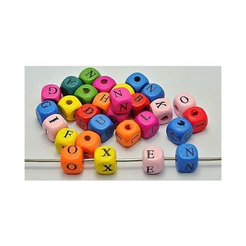 100 Mixed Bright Candy Color 10mm Cube Wood Alphabet Letter Beads