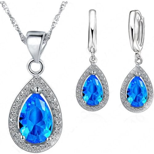 Fast Shipping New Cubic Zirconia Jewelry Sets Water Drop Pendants & Necklaces Earring 925 Sterling Silver For Women