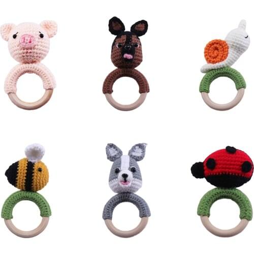 Baby Wooden Teether Ring DIY Crochet Animal Rattle Infant Teething Nursing Soother Molar Toys for Newborn