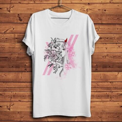 Flowers bloom zero two 002 anime tshirt Men White Casual short sleeve T Shirt Unisex manga DARLING in the FRANXX streetwear Tee