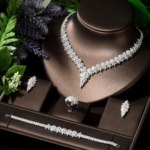 HIBRIDE Luxury White Color 4 pcs CZ Jewelry Set for Women Wedding Necklace Earring Ring Bracelet Jewelry Bridal Accessories N-35
