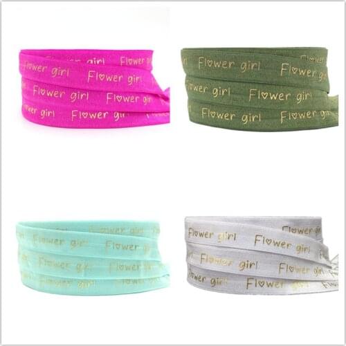 Good Quality Gold Foil Flower Girl Print Fold Over Elastic 10 yards/lot 5/8" FOE Ribbon Webbing for Hair Tie Hair Accessories
