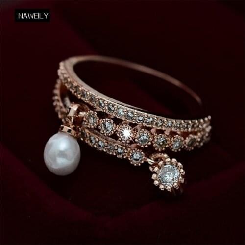 Exquisite Zircon Simulated Pearl Rings Brand Design Ring Gold Silver Color Fashion Jewelry Gift For Women Bijoux NWLJW132