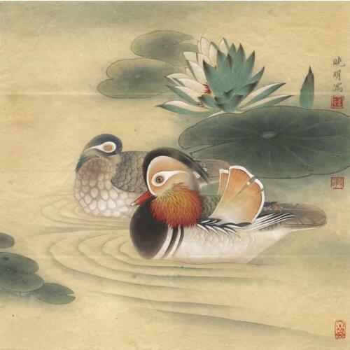 Chinese classical lotus mandarin duck lake scenery oil painting canvas printings printed on canvas wall art decoration picture