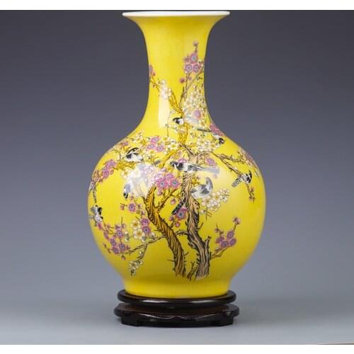 Classic Yellow Color Plum Blossom Magpie Pattern Ceramic Porcelain Flower Large Flower vase for Home Decor No base