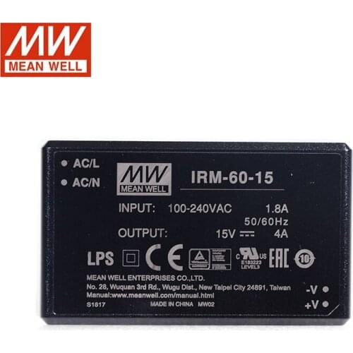 MEAN WELL IRM-60-15 60W PCB assemble Encapsulated Power Module 110V/220V AC to 15V DC 4A Module type Power Supply