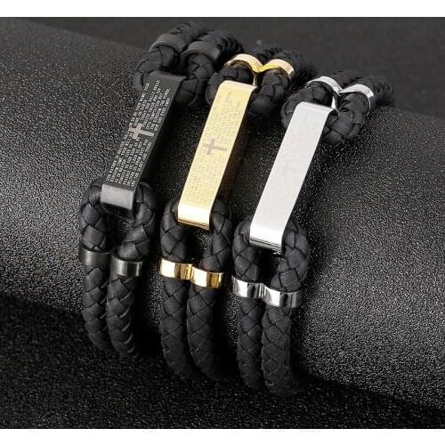 Mens Stainless Steel Cross Bible Verse Bracelets Cowhide Hand-woven Leather Cord Bracelet Retro Religious Jewelry