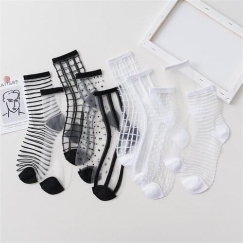 Transparent Women Socks Summer Black White Dots Stripe Plaid Lace Mesh Fashion Girl Socks Thin Silk Breathable Ankle funny Socks