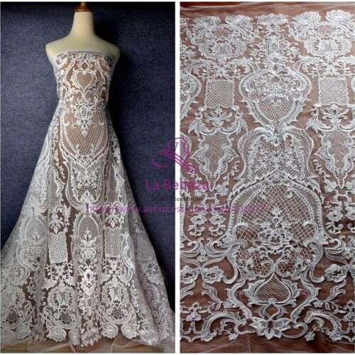 La Belleza New heavy cord lace fabric clear shine sequins cord on net embroidery wedding dress lace fabric 1 yarb
