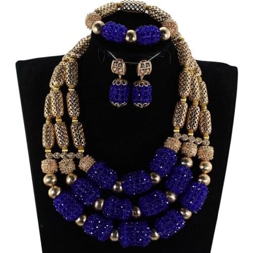 New Royal Blue and Gold Crystal Beads African Fashion Jewelry Set Wedding Costume Dubai Indian Bridal Jewelry Set WE211