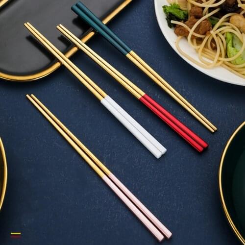 1 Pair Square Gold Japanese Korean Style Chinese Chopsticks Sushi Sticks Noodles Rolls Food Tableware Reusable Metal Chopsticks