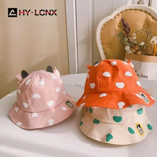 New child cartoon hat new spring summer baby bucket hat girl fisherman hat cute print boy child cow embroidery hat girl sun hat