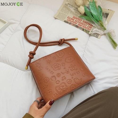 Casual Pure Color Handbag Purse Women Cartoon Embossed Crossbody Bag Vintage Ladies Small PU Leather Flap Purse