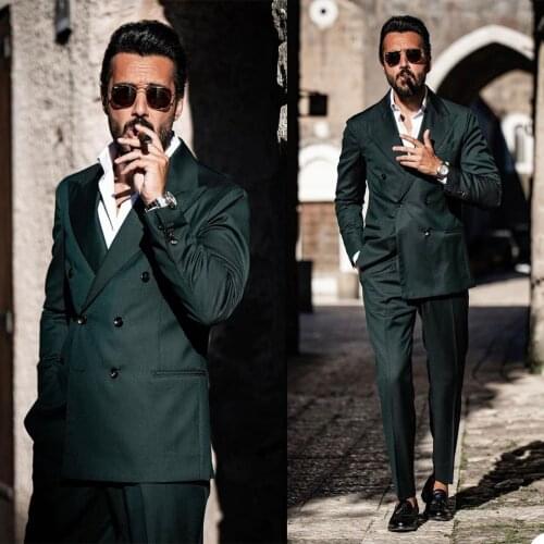 Tailored Mens Business Tuxedos Dark Green Double Breasted Men Pant Suit Prom Party Wedding Suits Outfit (Jacket+Pants)