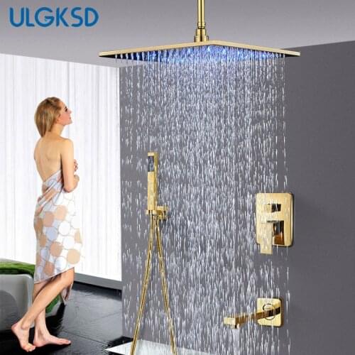 ULGKSD Bathroom Shower Faucet Golden Brass 16'' Shower Head Ceil Wall Mount Shower Set Hot and Cold Water Mixer Tap