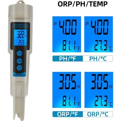 3 in 1 ORP TEMP pH Meters Waterproof ORP Meter PH Tester Redox Potential Testers Water Quality Measure Tool Water Detector 50