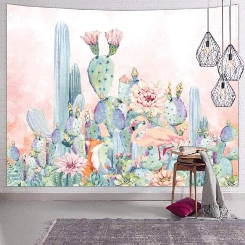 Tropical Green Wall Tapestry for Bedroom Trippy Pink Flamingo Cactus Wall Hanging